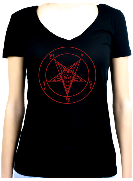Red Baphomet Inverted Pentagram Women's V-Neck Shirt Top Occult