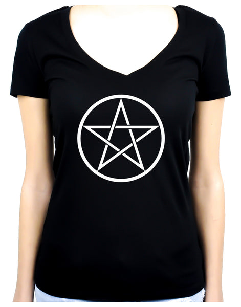 White Woven Pentacle Women's V-Neck Shirt Top Witchy Clothing