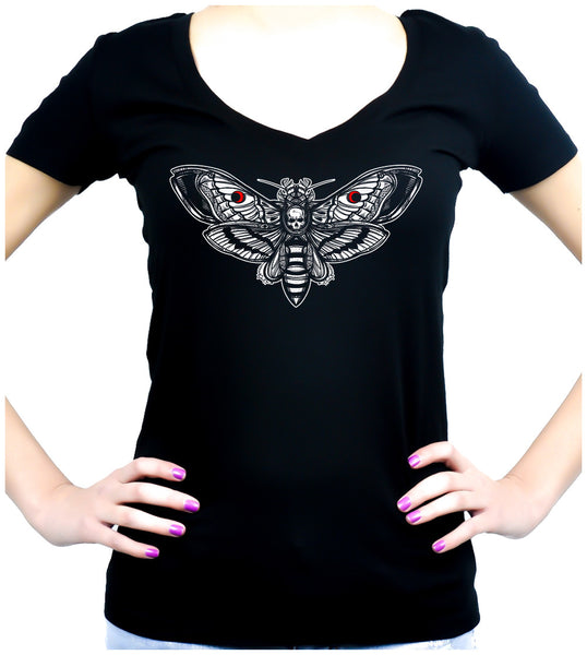 Moth with Death Skull Women's V-Neck Shirt Top Dark Alternative Gothic Clothing