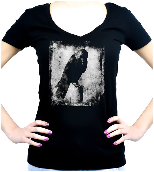 Black Raven with Evil Eye Women's V-Neck Shirt Top Edgar Allan Poe