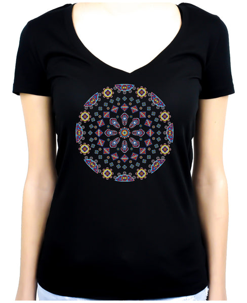Geometric Gothic Stained Glass Window Women's V-Neck Shirt Top Alternative Clothing