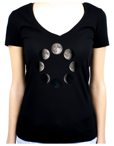 Moon Lunar Phases Women's V-Neck Shirt New Crescent Full
