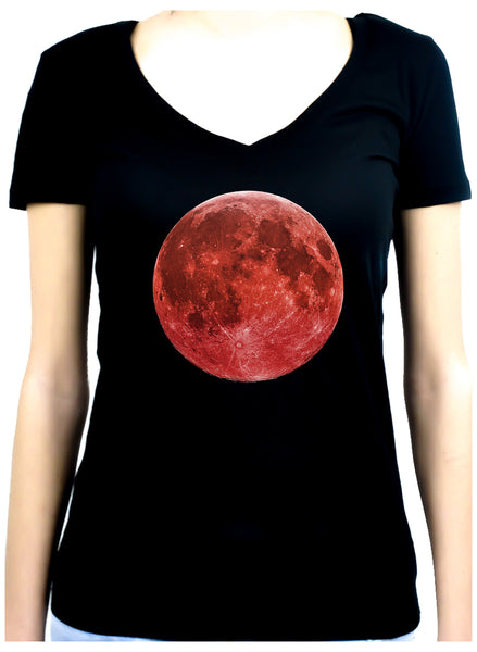 Blood Red Full Moon Women's V-Neck Shirt Top Lunar Eclipse