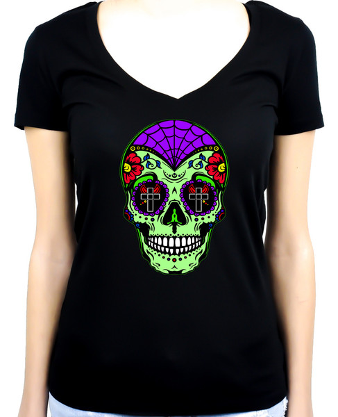 Green Sugar Skull Women's V-neck Shirt "Dia De Los Muertos" Day of the Dead