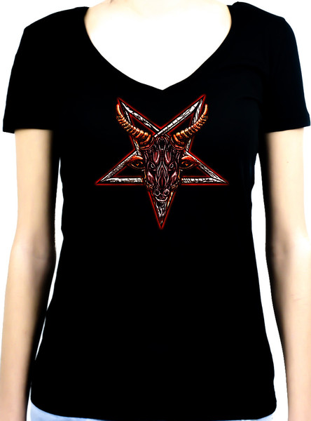 Sigil of Baphomet Goat Head Women's V-Neck Shirt Top Metal Occult