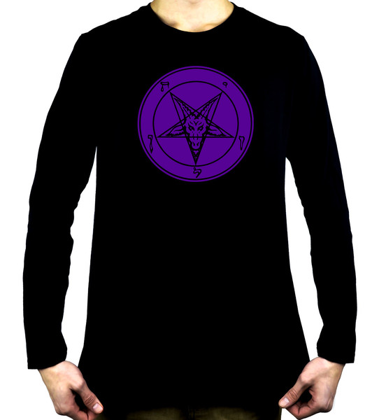 Solid Purple Inverted Pentagram Sabbatic Goat Men's Long Sleeve T-Shirt Black Metal