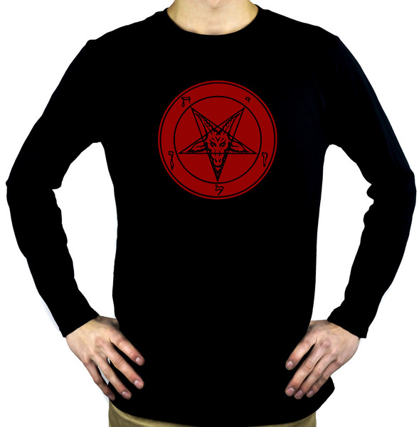 Solid Red Inverted Pentagram Sabbatic Goat Men's Long Sleeve T-Shirt Black Metal