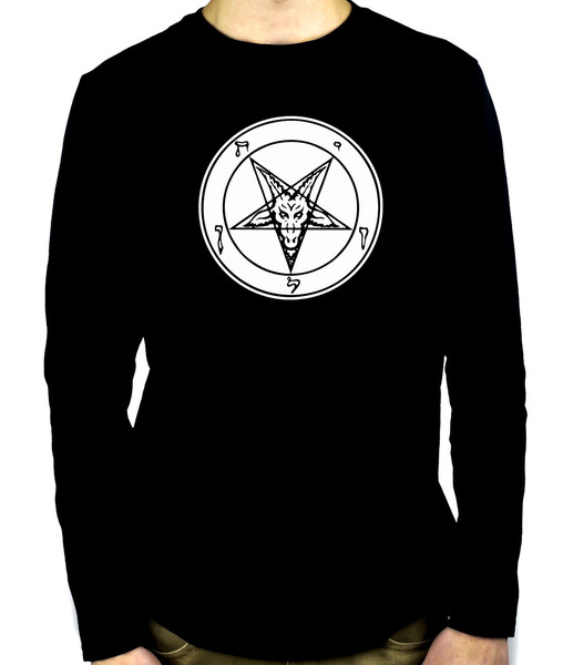 Solid White Inverted Pentagram Sabbatic Goat Men's Long Sleeve T-Shirt Black Metal