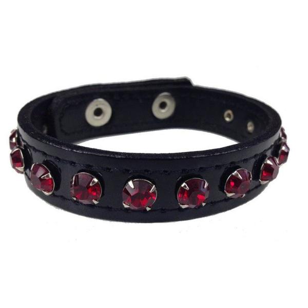 1 Row Red Rhinestone Black Leather Quality Bracelet  Wristband